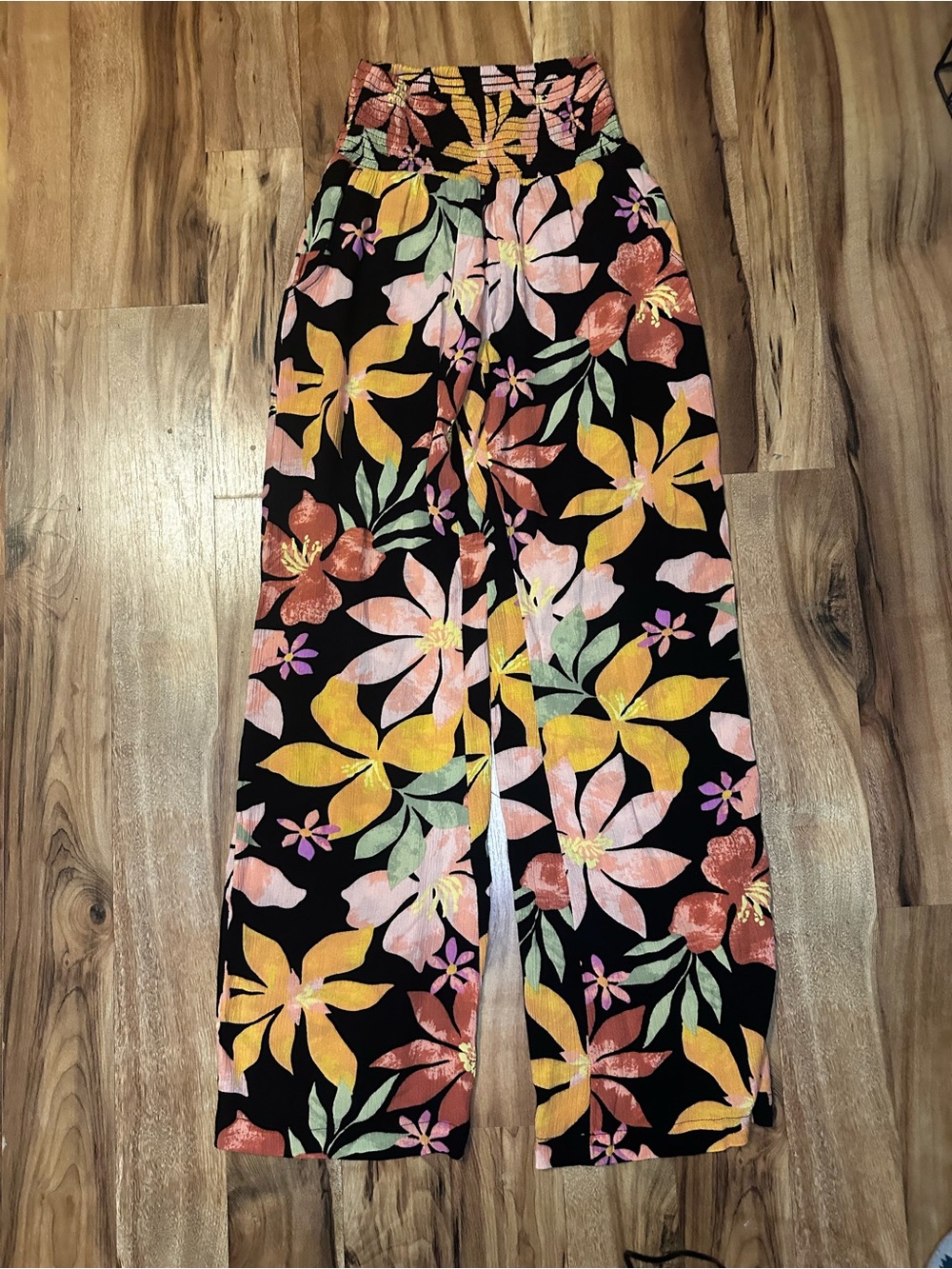 Billabong Women’s Floral Wide Leg Pants XS Black Tropical High Rise PullOn Beach